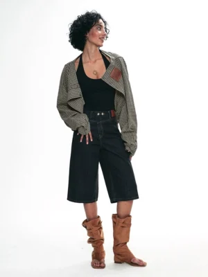 Gingham check cropped jacket from the coordinating streetwear look styled with black tank and wide-leg denim shorts