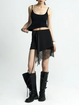 Black asymmetric lace hem wrap mini skirt with side tie and sheer floral lace underlayer full front outfit view