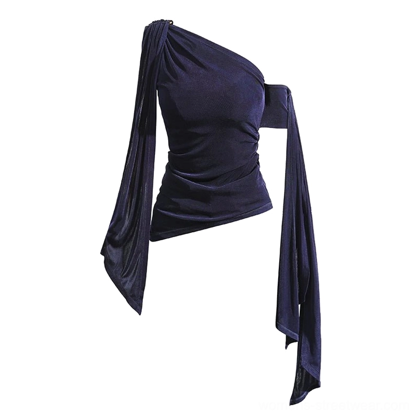 Navy blue asymmetric velvet one-shoulder draped streetwear top product image with fitted silhouette and flowing side sash