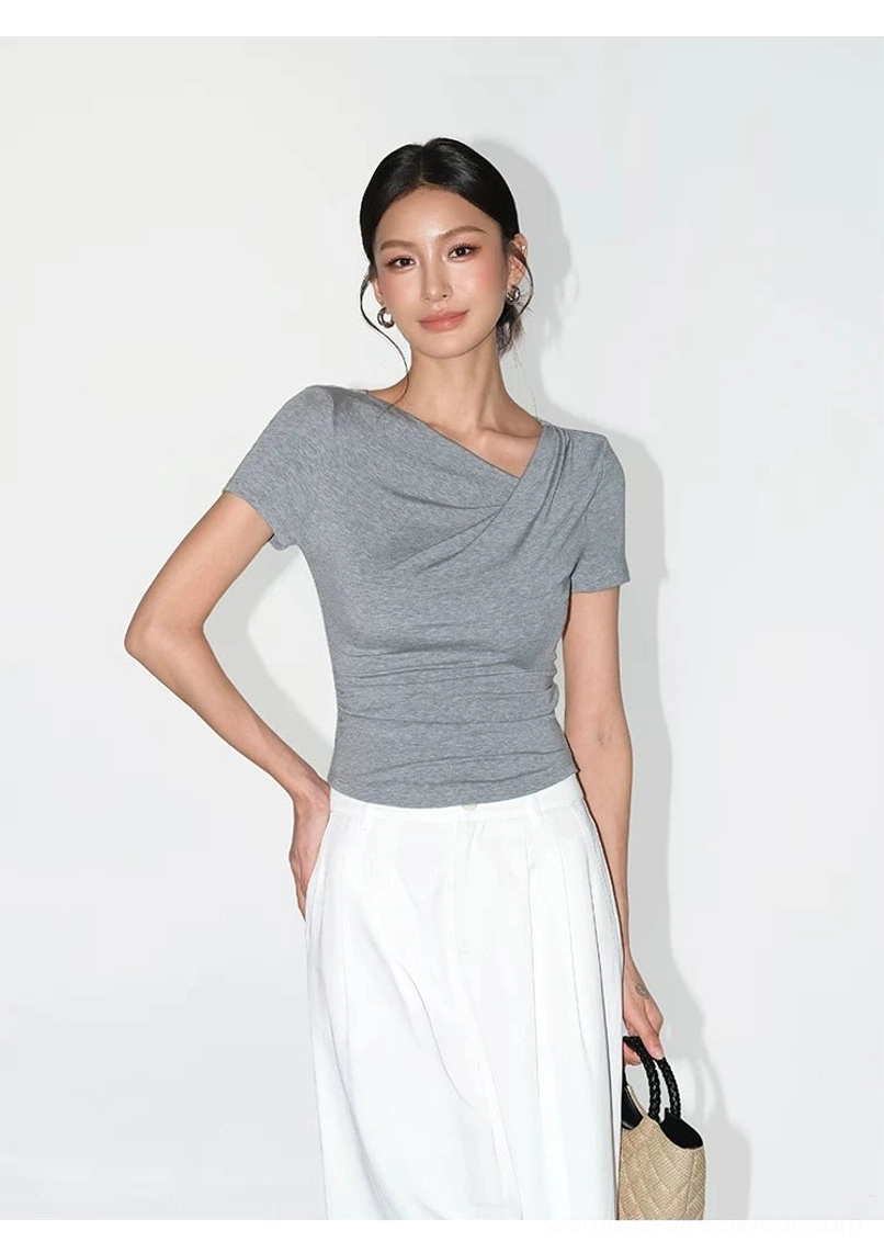 Asymmetric off-shoulder ruched slim fit top with curved uneven hem fashion detail