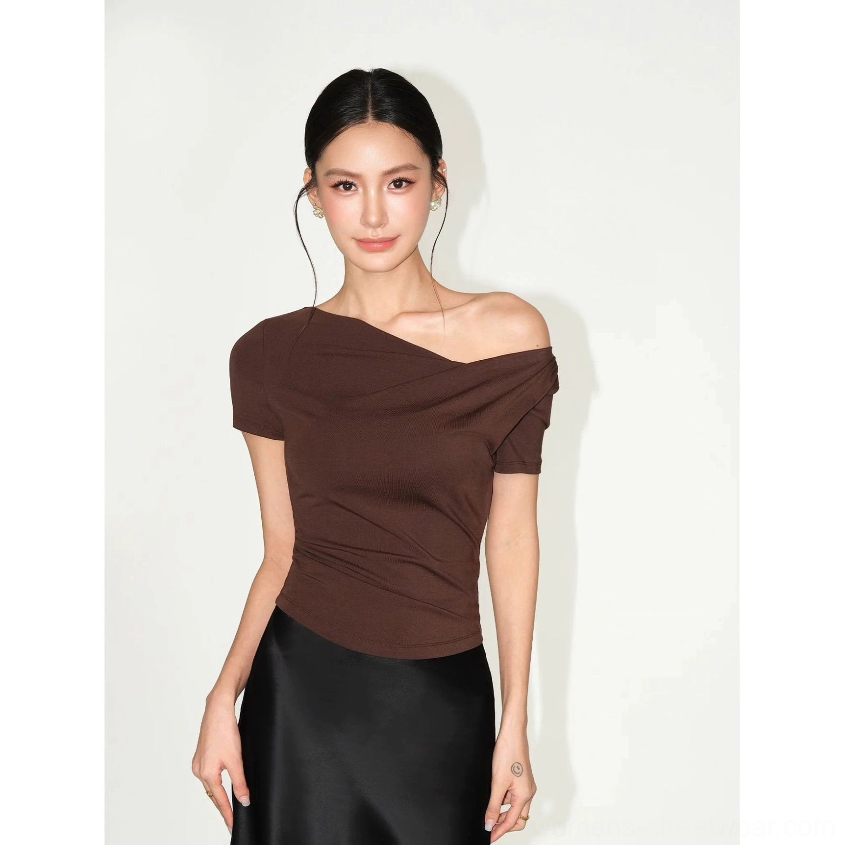 Dark brown asymmetric off-shoulder ruched slim fit top color variant product view