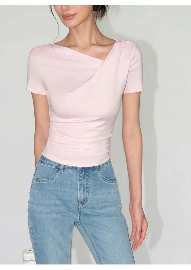 Asymmetric off-shoulder ruched slim fit top showing sculpted draped neckline and short sleeves
