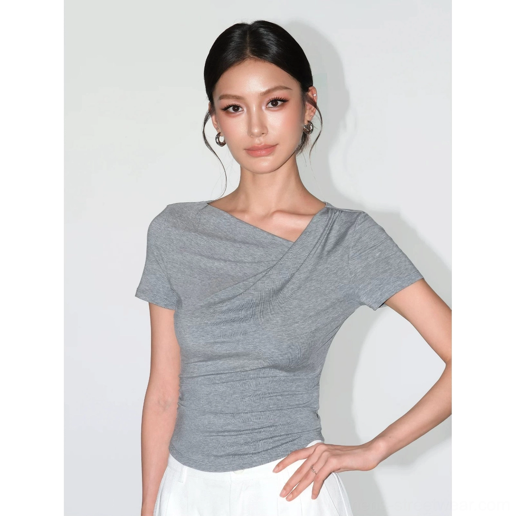 Gray asymmetric off-shoulder ruched slim fit top color variant product view