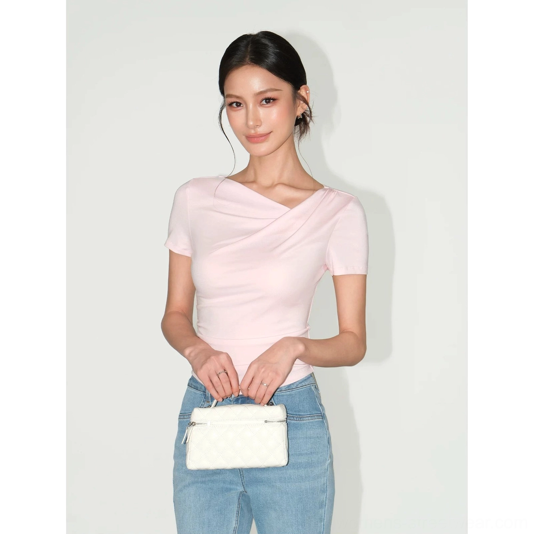 Pink asymmetric off-shoulder ruched slim fit top color variant product view