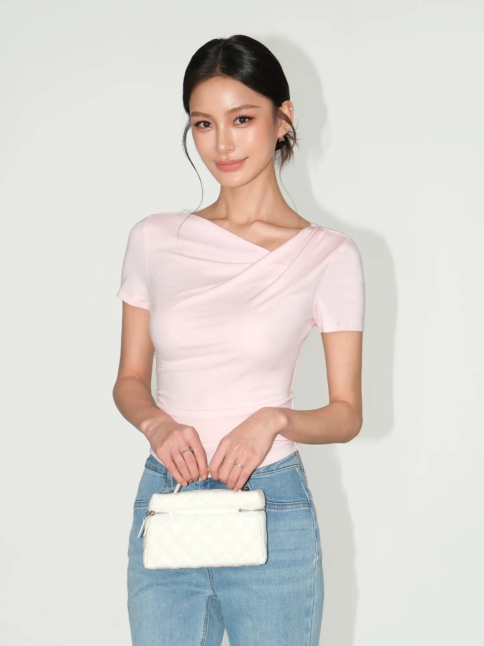 Blush pink asymmetric off-shoulder ruched slim fit top with twisted collar and short sleeves