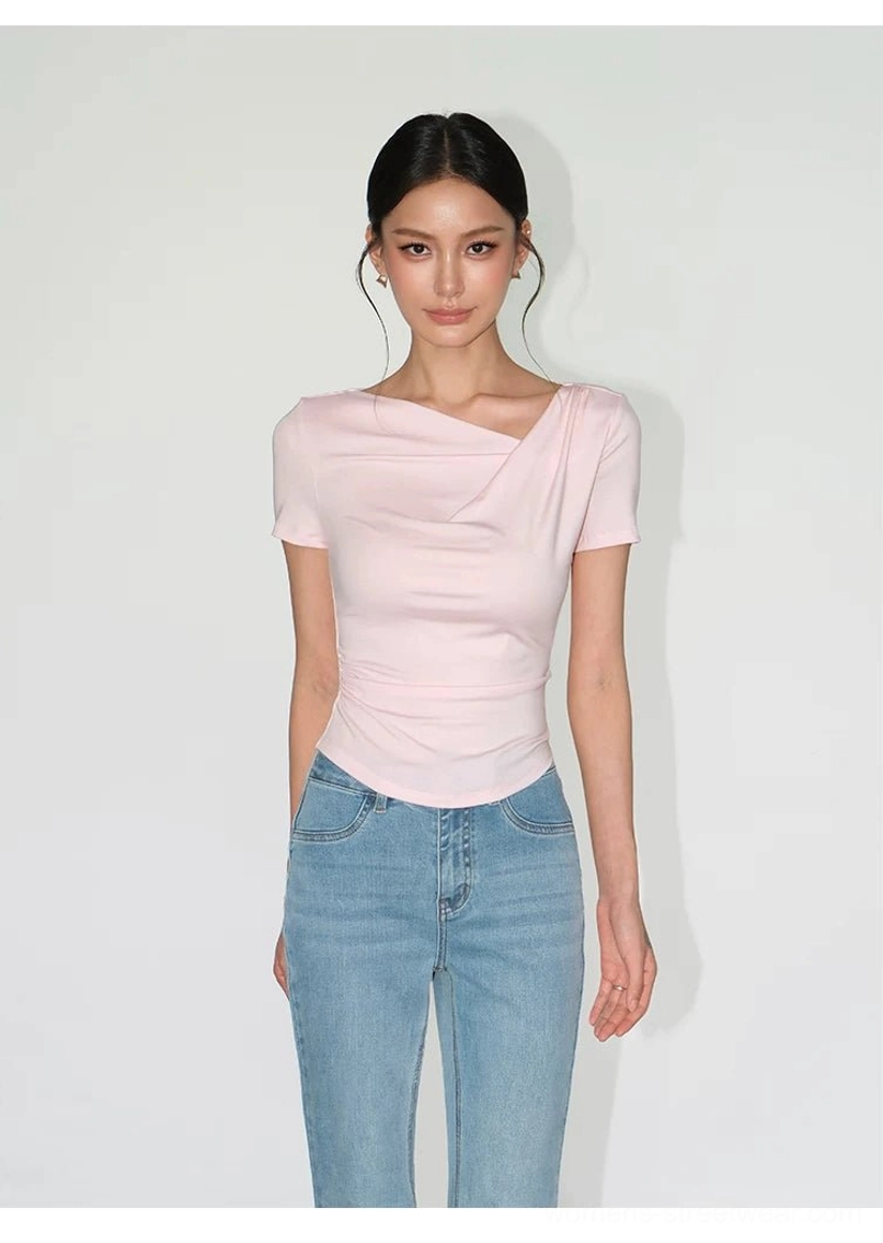Asymmetric off-shoulder ruched slim fit top with soft stretch knit fabric detail