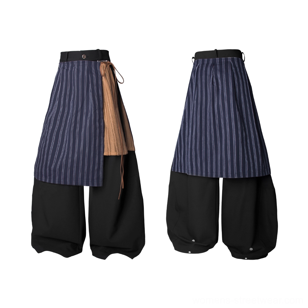 Flat lay of asymmetric black balloon streetwear pants showing pinstripe apron panel, tan contrast layer, back view, and buttoned ankle cuffs