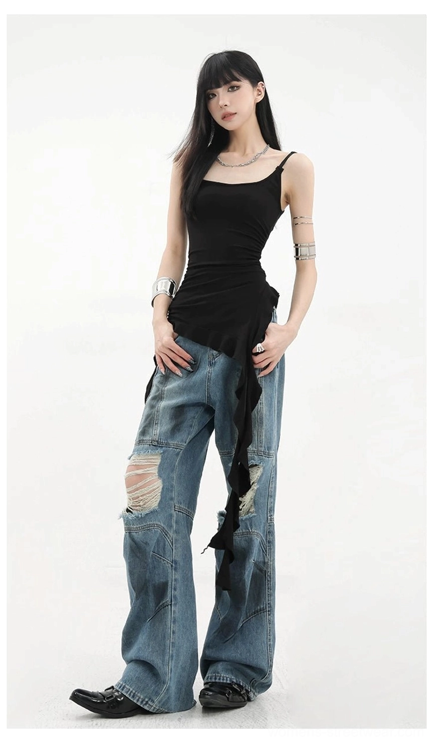 Front full-body asymmetric ruffled ribbon camisole tank top with U-shaped neckline paired with ripped denim and silver jewelry styling