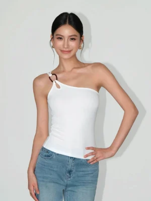Pearl white asymmetric ring strap one shoulder ribbed knit top front full body view styled with blue jeans