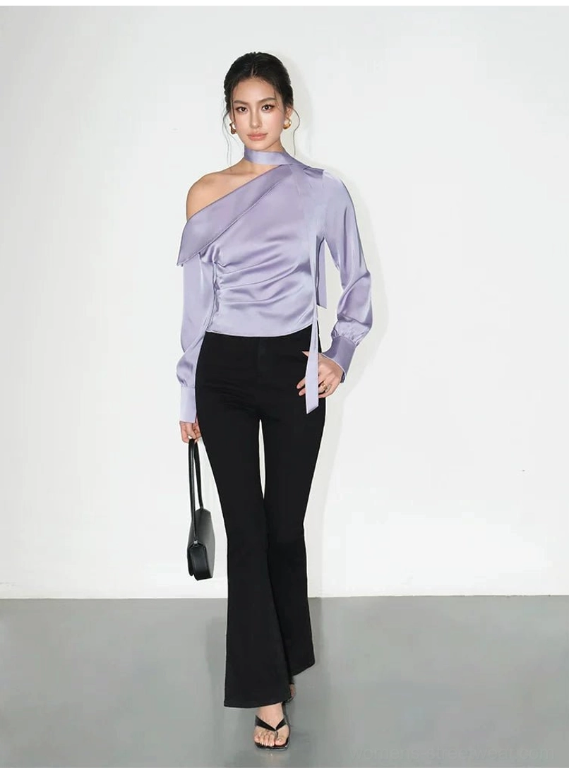 Asymmetric satin choker blouse with ruched waist and one-shoulder Seoul-inspired evening style