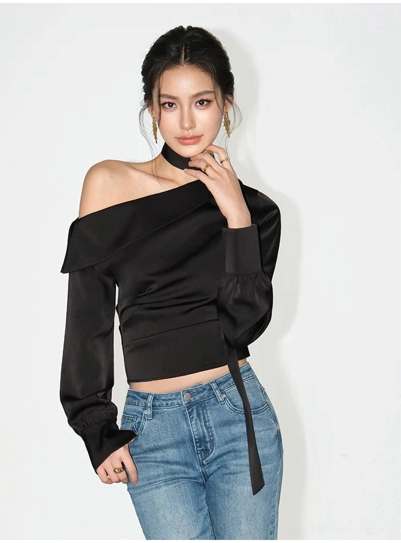 Women's asymmetric satin choker blouse with glossy finish gathered waist and elegant streetwear silhouette