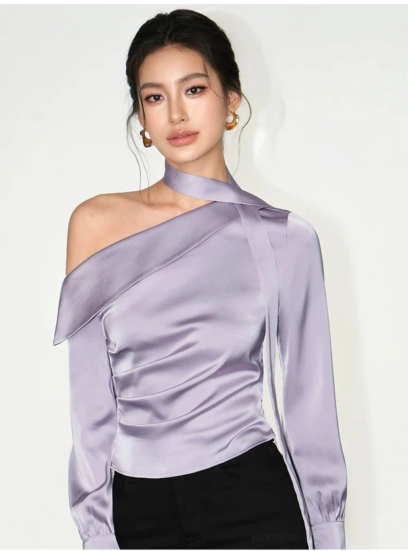 Grayish purple one-shoulder satin blouse close-up featuring choker sash glossy fabric and sculpted ruching