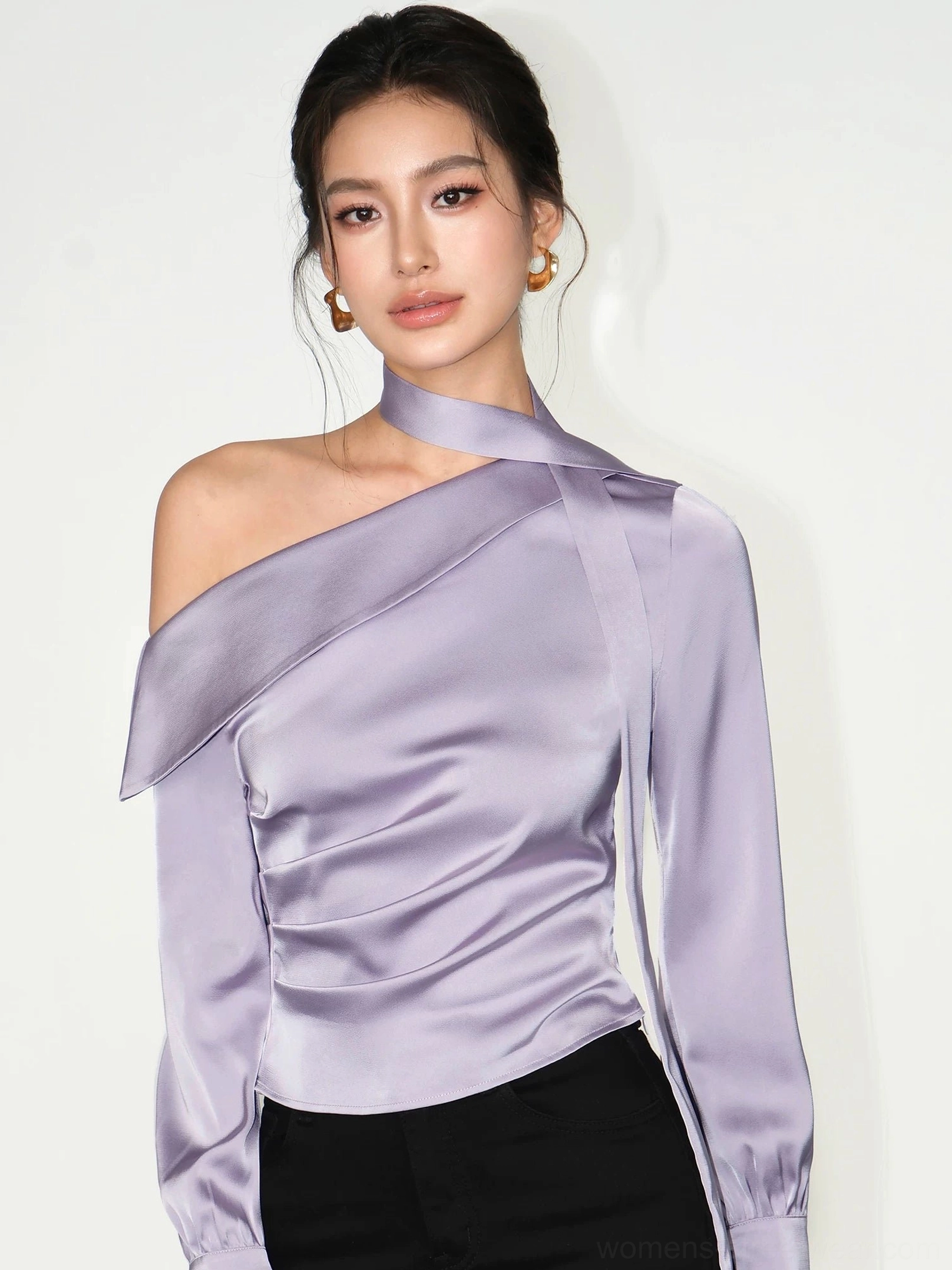 Close-up of grayish purple satin asymmetric choker blouse showing exposed shoulder scarf and waist ruching