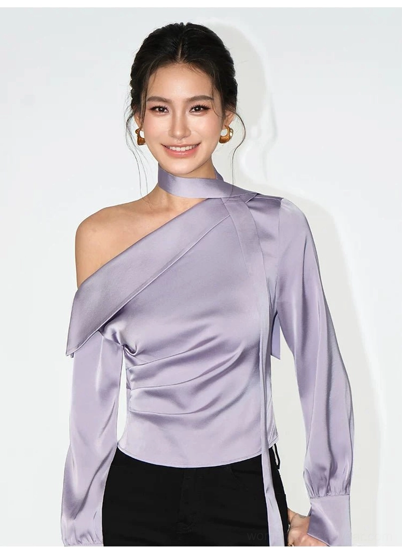 Front detail of grayish purple asymmetric satin choker blouse with exposed shoulder and ruched slim fit