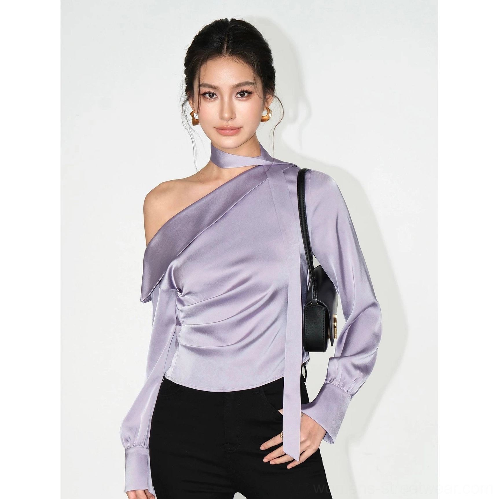 Grayish purple asymmetric satin choker blouse with one exposed shoulder gathered waist and long sleeve