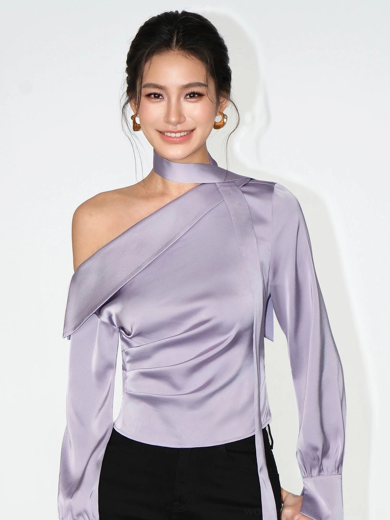 Grayish purple glossy satin blouse with asymmetric one-shoulder neckline long sleeve and gathered waist