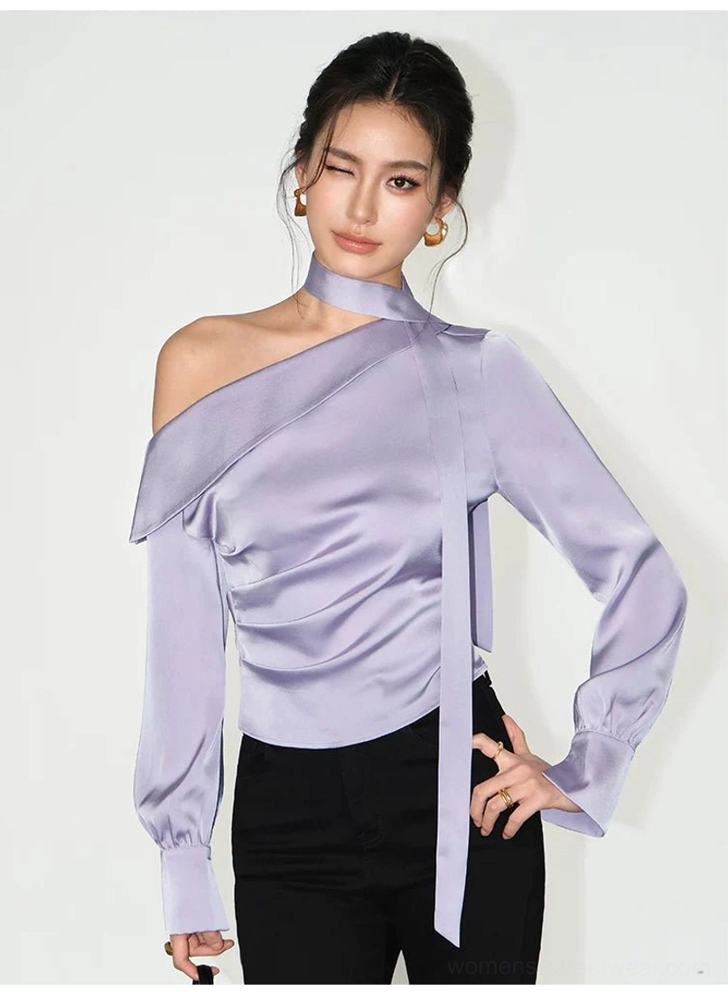 One-shoulder satin ruched blouse for women with dramatic choker scarf and asymmetric long sleeves