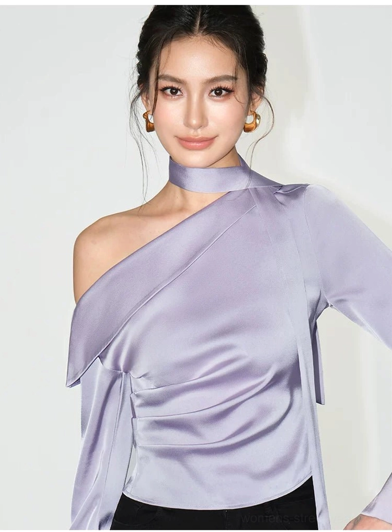 Satin asymmetric choker blouse showing slim fit construction long scarf detail and ruched waist design
