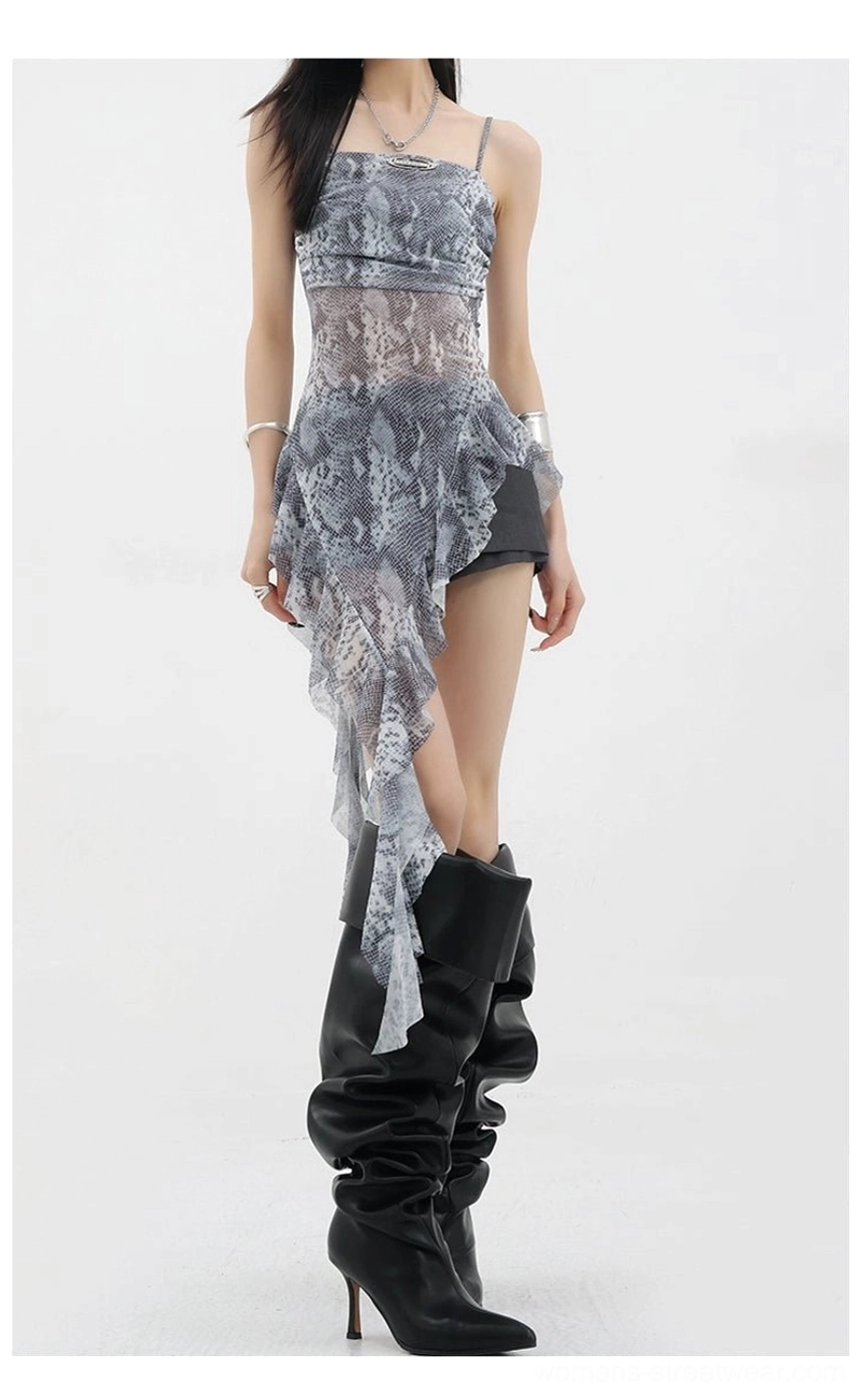 Asymmetric ruffle tank top flat lay showing all available color options black white snake print camouflage and mesh fabric