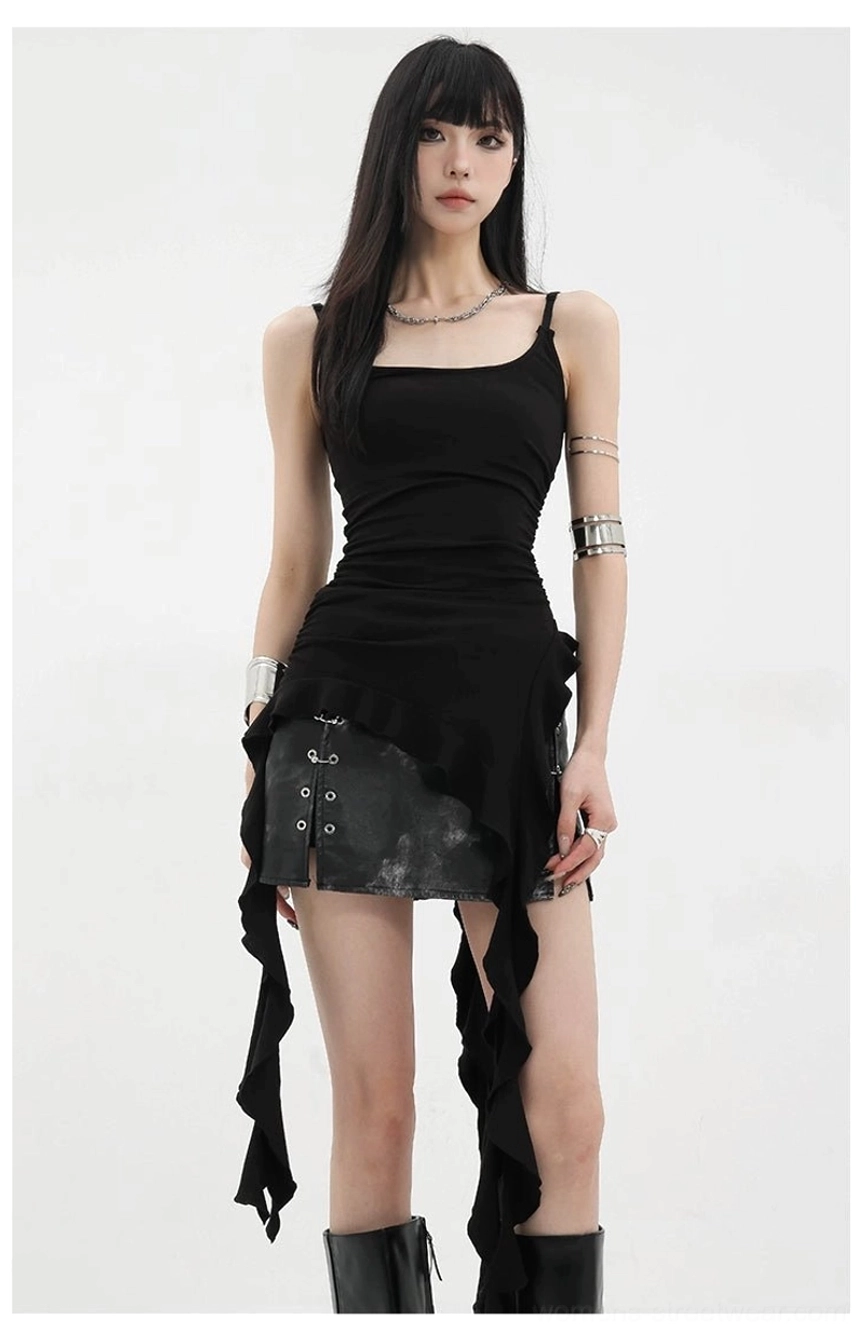 Movement shot of asymmetric ribbon ruffle tank top capturing how ribbons drape and flow in motion and dynamic action