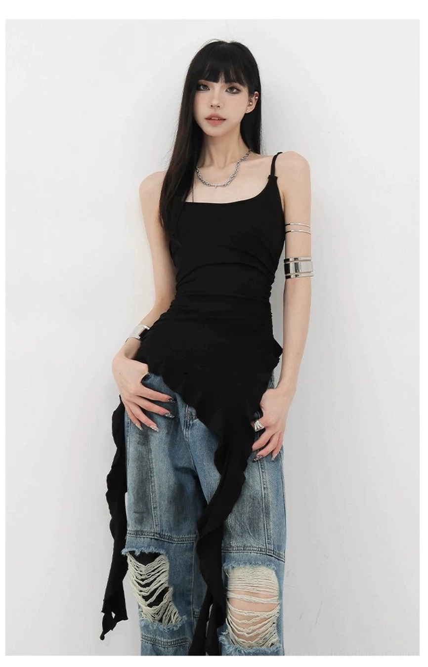 Full silhouette view of asymmetric ribbon ruffle camisole tank showing bodycon fitted shape and irregular asymmetric hem design