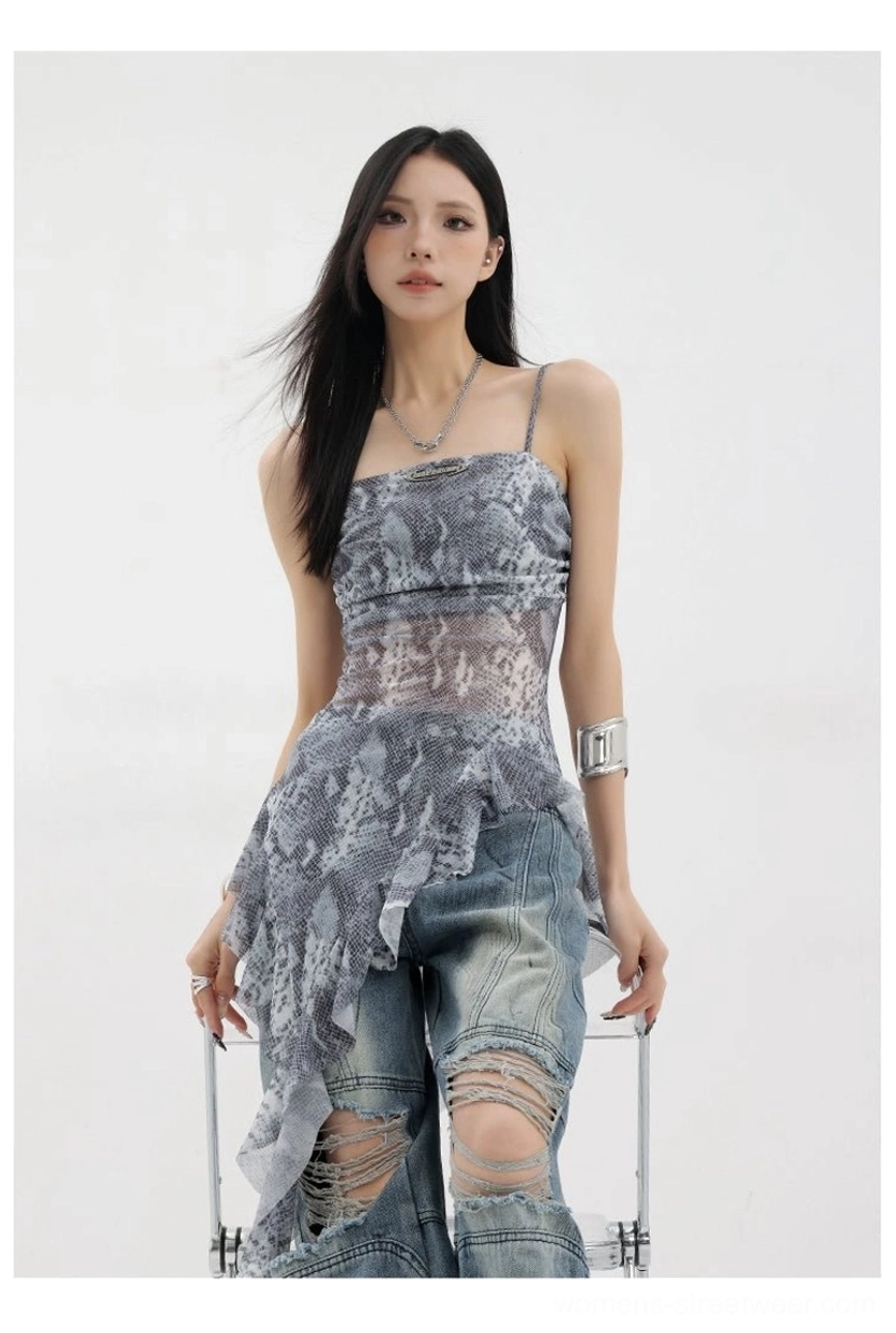 Asymmetric ribbon ruffle tank size large on model showing large fit silhouette and proportion reference for size L selection