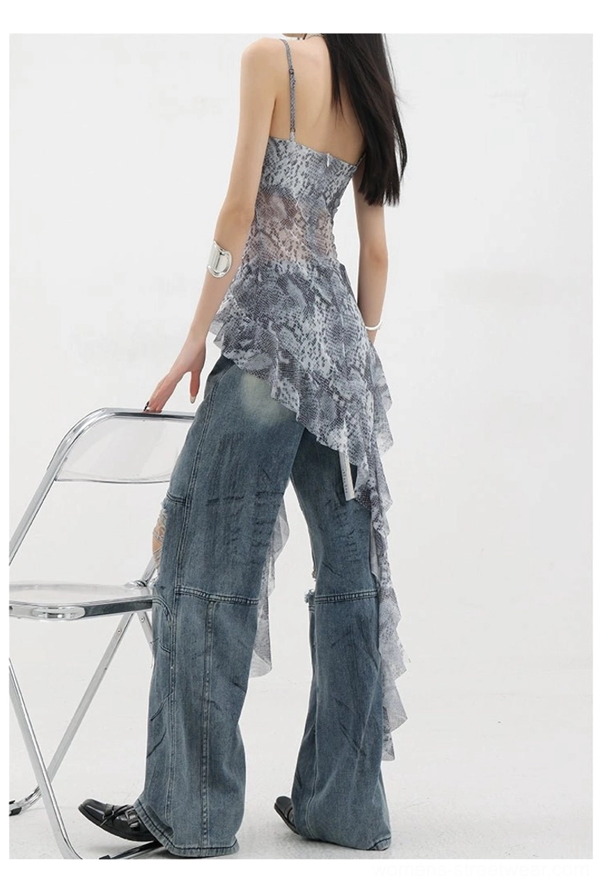 Asymmetric ribbon ruffle tank size medium on model demonstrating medium fit silhouette and length proportions for size M