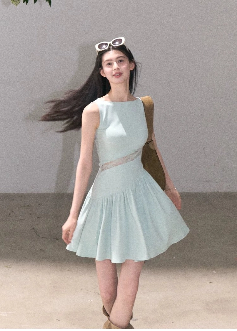 Asymmetrical lace dress for date nights vacations and special occasions with a softly gathered skirt