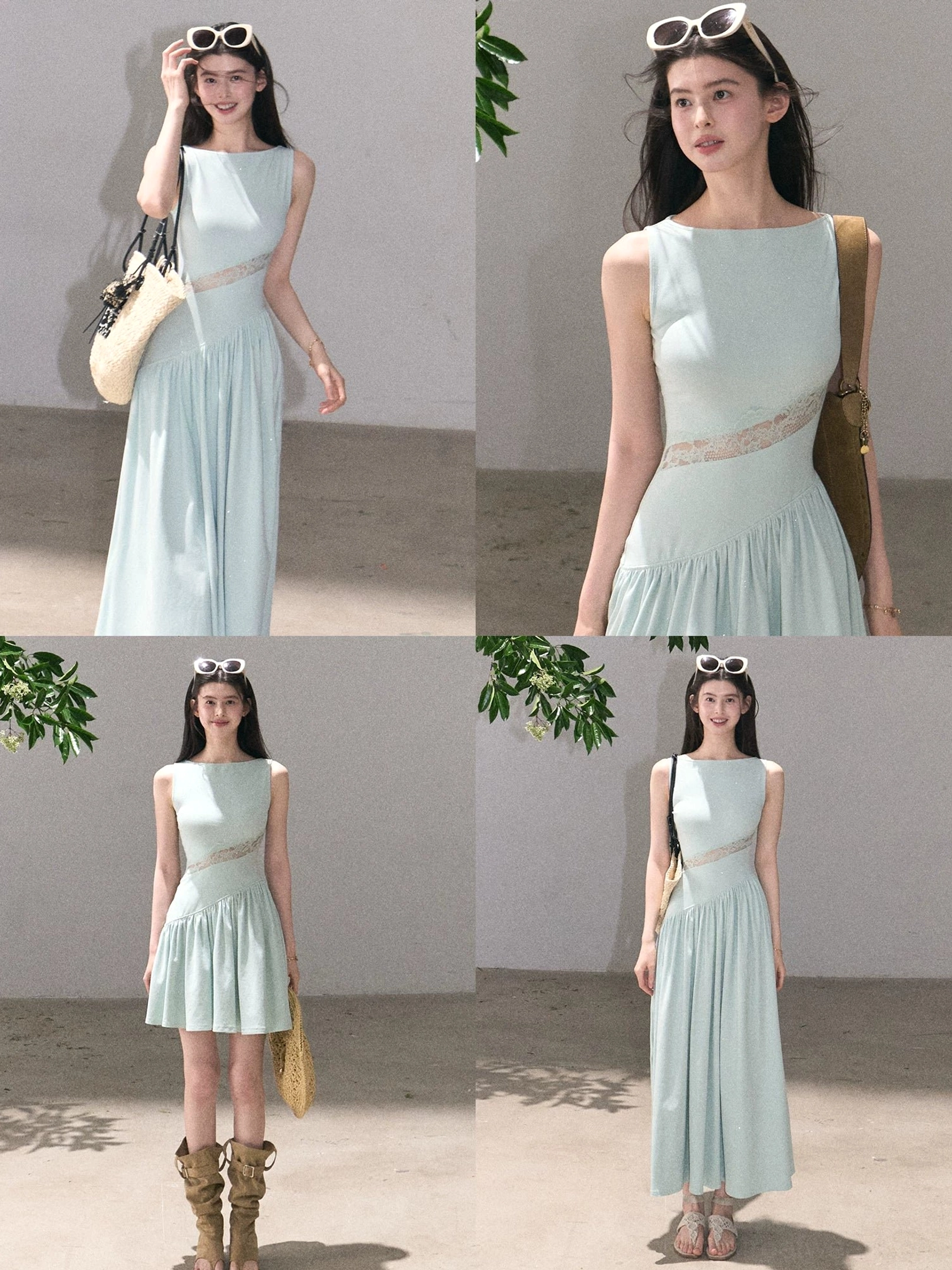Mint blue asymmetrical lace dress shown in mini and maxi styling with bags boots sandals and close-up waist detail