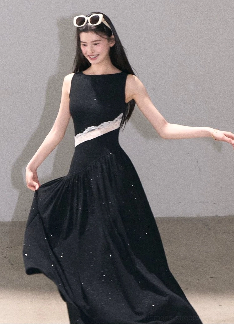Asymmetrical lace waist Korean streetwear dress product image showing the feminine fitted bodice and flowing skirt