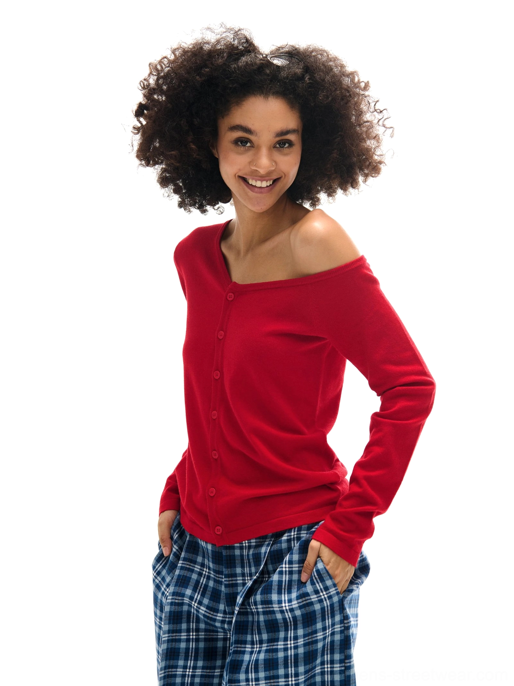 Bright red asymmetrical off-shoulder button-front knit cardigan with fitted long sleeves in a modern streetwear outfit