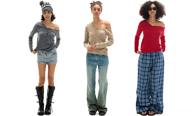 Asymmetrical off-shoulder button-front knit cardigan lookbook styling in gray tan and red streetwear colors