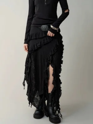 Black asymmetrical ruffled lace midi skirt styled with a black long sleeve top and platform boots in a gothic streetwear outfit