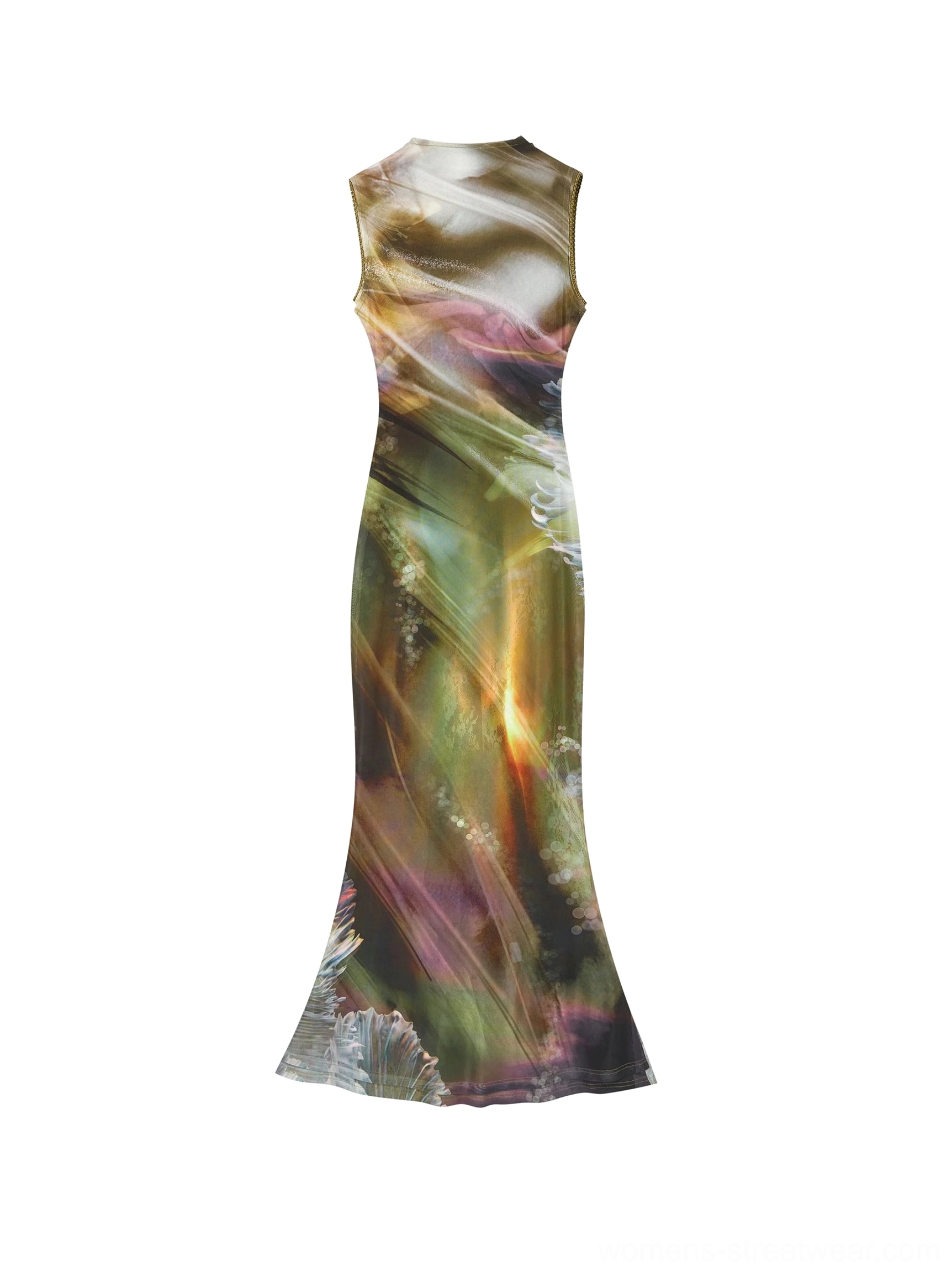 Aurora print mock neck sleeveless fishtail maxi dress product detail view