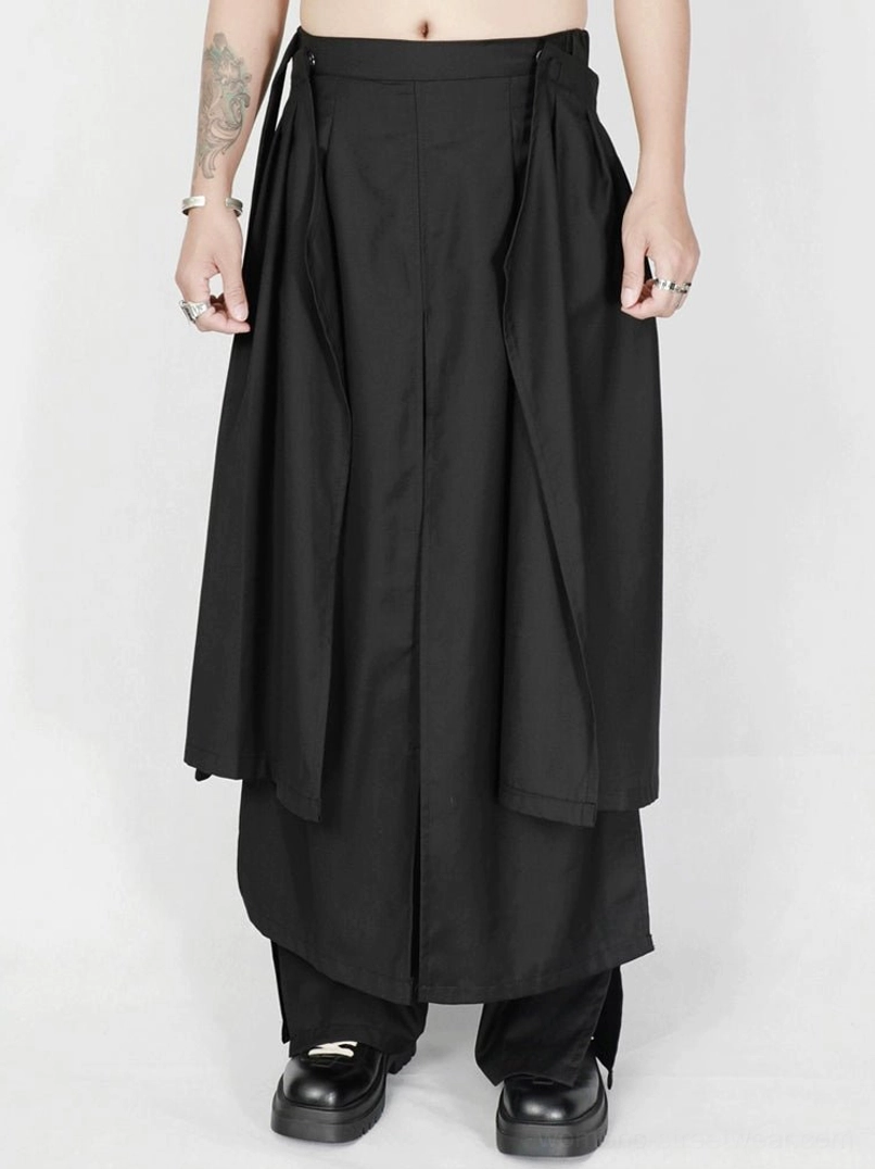 Avant-garde asymmetric draped wide-leg black streetwear trousers detailed product view
