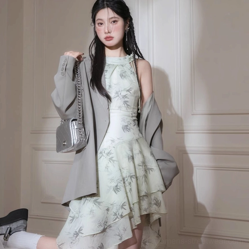 Avant garde inspired green halter midi dress with artistic bamboo print and lightweight irregular ruffled hem
