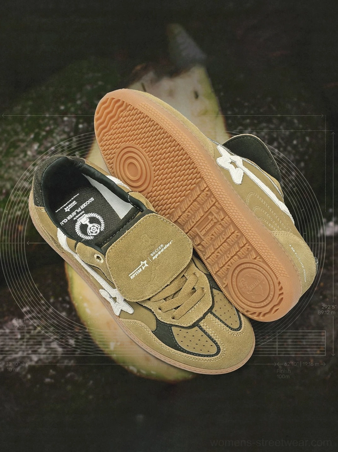 Top-down close-up of avocado olive star-panel retro sneakers showing the gum outsole tread and branded insole
