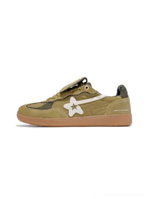 Side view of avocado olive suede star-panel retro sneakers with dark green accents and a gum rubber sole on a white background