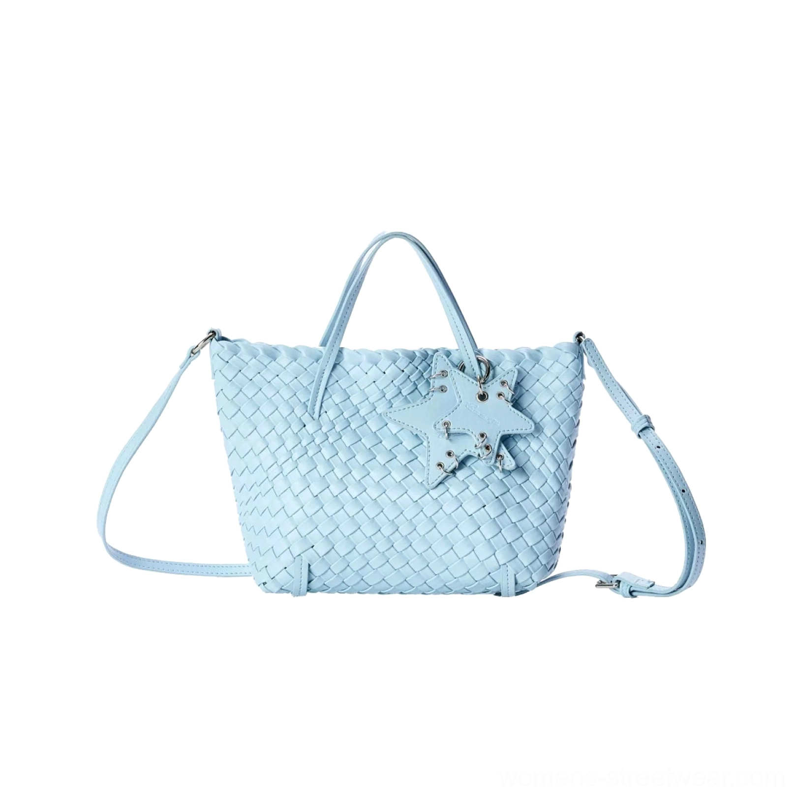 Baby blue mini woven star charm shoulder bag front product view with top handles and detachable strap