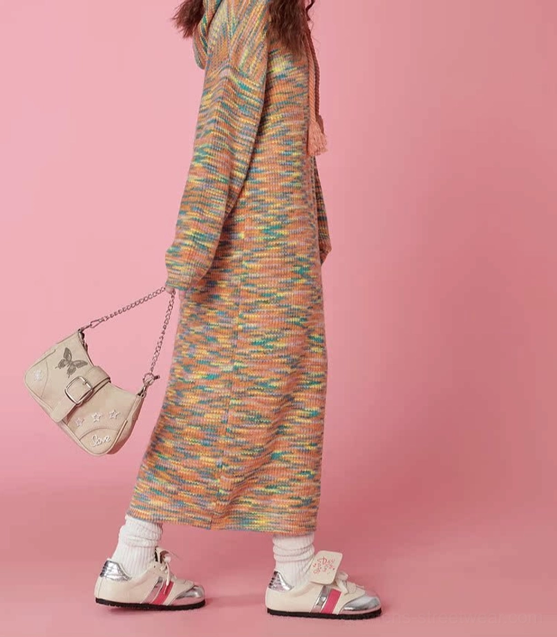 Back view of a colorful space-dyed knit midi sweater dress with a straight hem, loose long sleeves, and casual sneaker styling