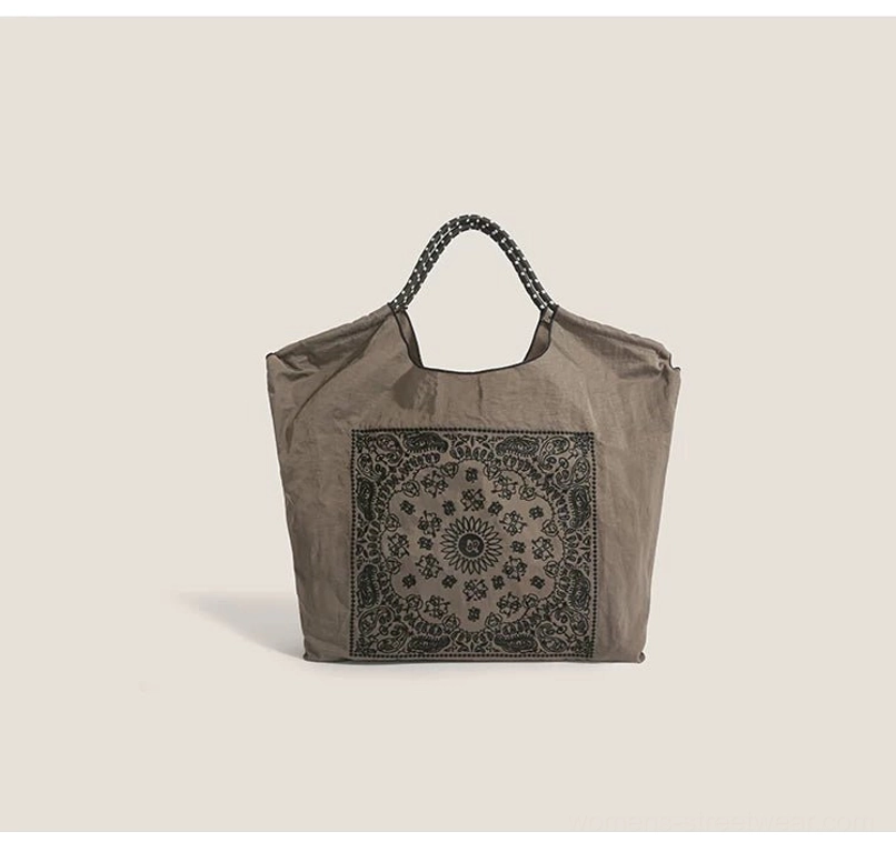 Gray bandana paisley drawstring market tote bag for streetwear everyday carry