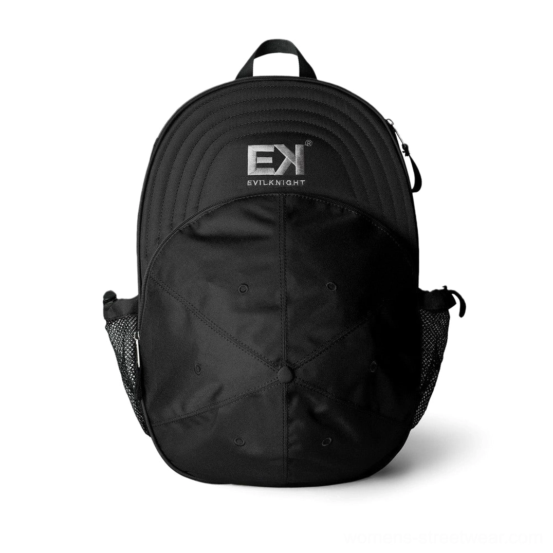 Black baseball cap silhouette streetwear backpack front product view showing stitched cap-inspired shape mesh pockets and top handle
