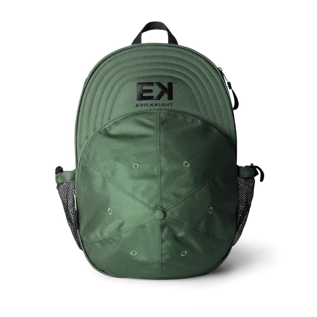 Dark green baseball cap silhouette streetwear backpack front product view with technical fabric adjustable straps and mesh pockets