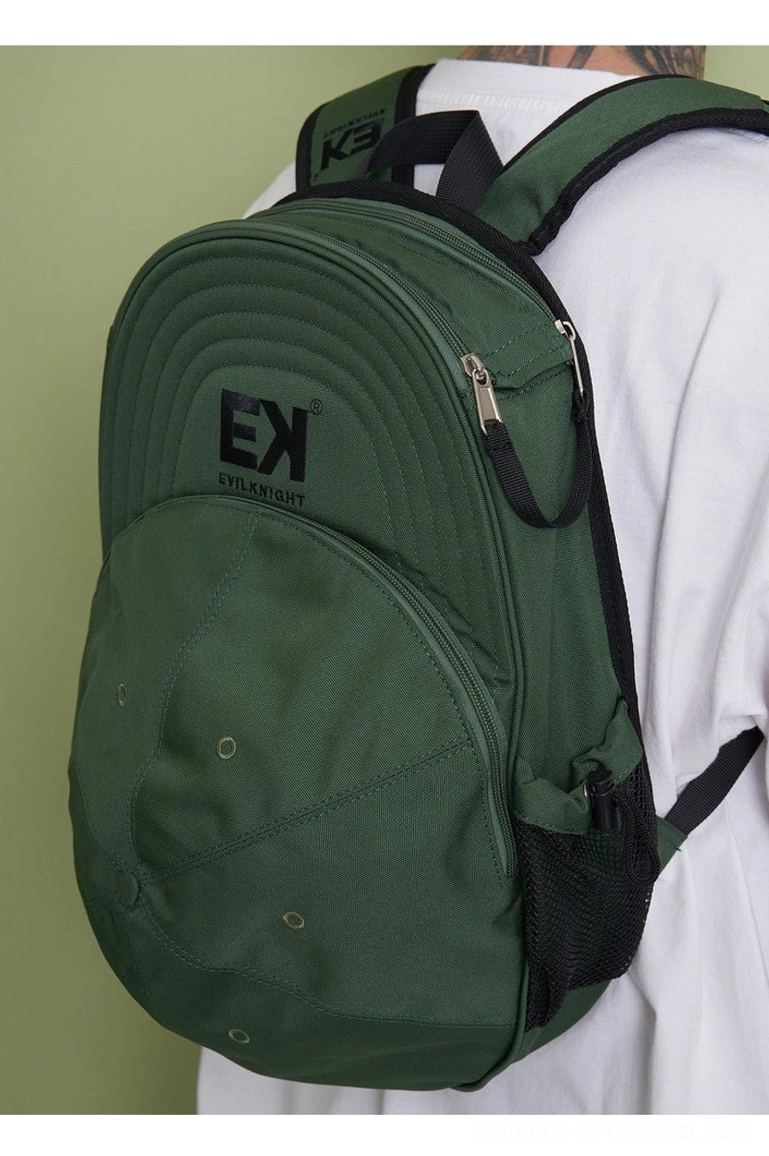 Dark green baseball cap silhouette streetwear backpack worn from rear view with side mesh pocket and adjustable straps
