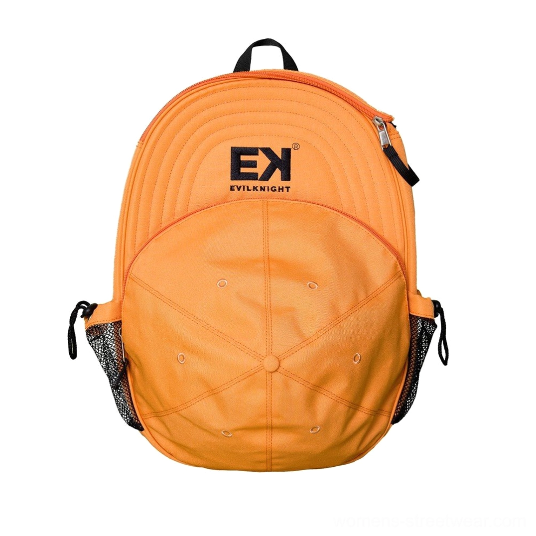 Orange baseball cap silhouette streetwear backpack product image featuring a bold sporty cap-inspired carry design