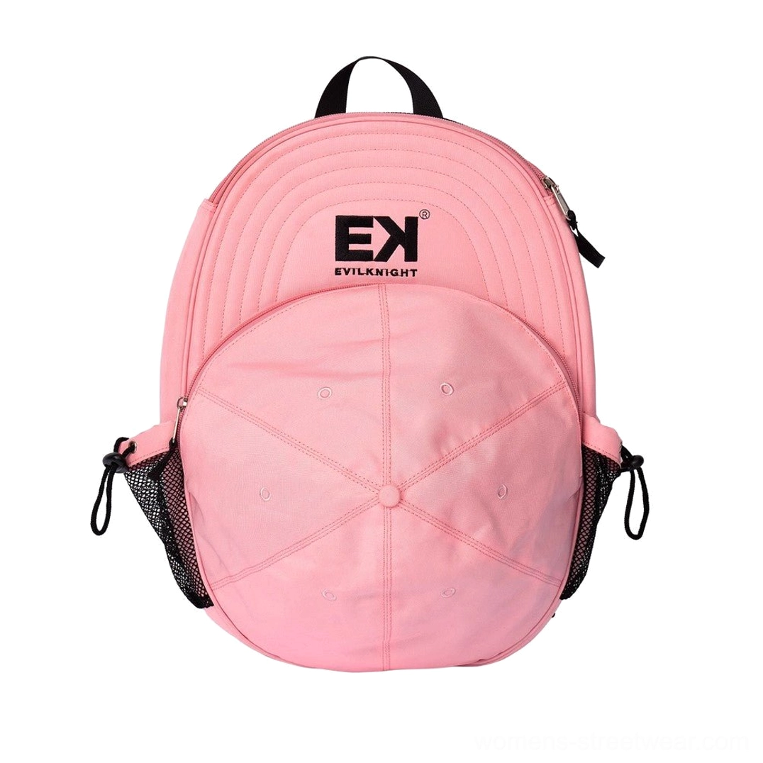 Pink baseball cap silhouette streetwear backpack product image featuring a playful cap-inspired backpack design