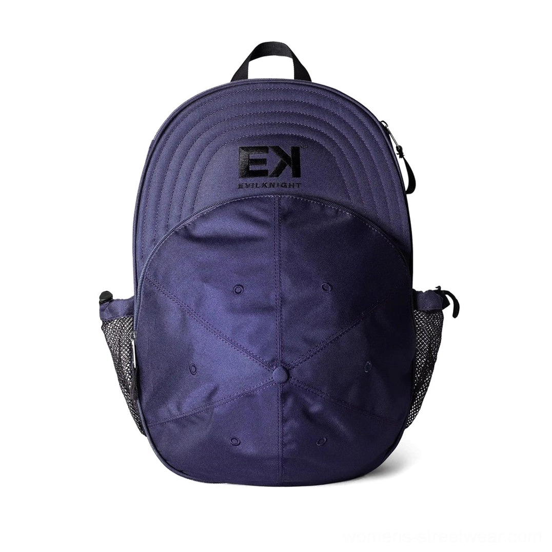 Deep purple baseball cap silhouette streetwear backpack front studio product view with streamlined shape and side mesh pockets