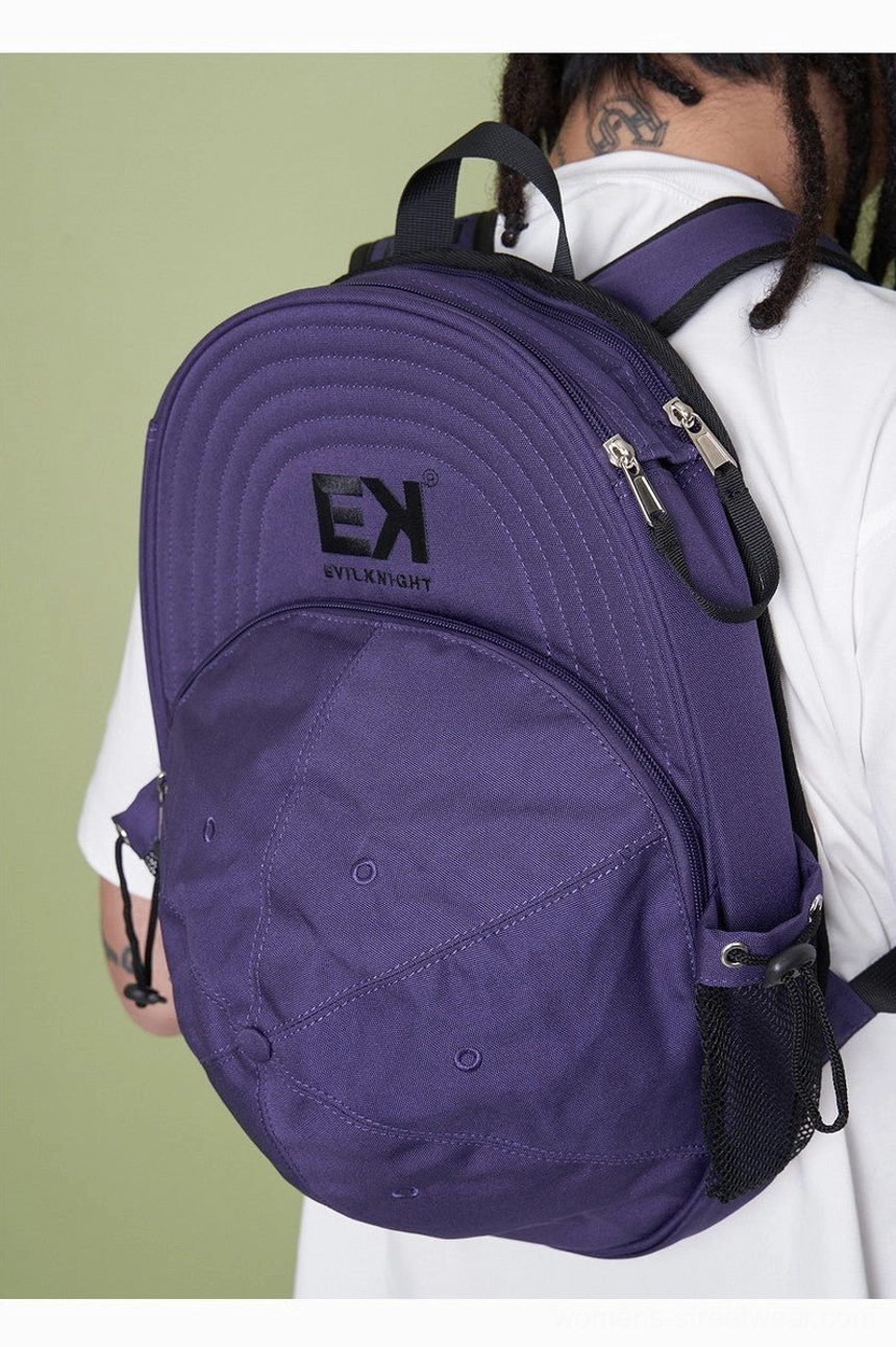Deep purple baseball cap silhouette streetwear backpack worn from rear overhead view with mesh side storage pocket