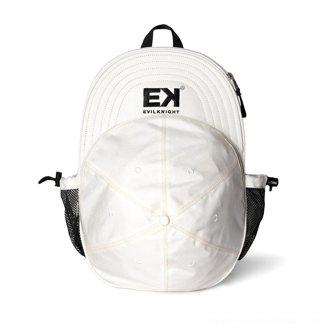 White baseball cap silhouette streetwear backpack front studio product view with stitched cap shape and side mesh pockets