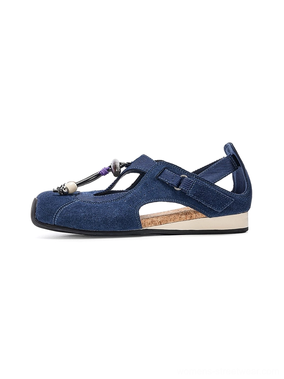 Navy blue beaded T-strap cork footbed streetwear ballet sandal with purple decorative center toggle on white background